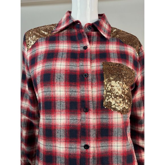 E2 Plaid and Sequin Western Styled Shirt M Red Blue Cotton Vintage - Picture 3 of 16